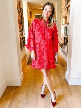 NWT J.Marie Seraphina Floral 3D Lace 3/4 Sleeve Red Preppy Shift Dress